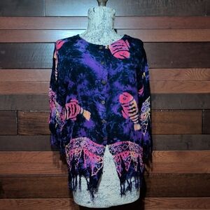 Peaceful People Boho Tie-Dye Fringe Button-Up Top with Fish Motif